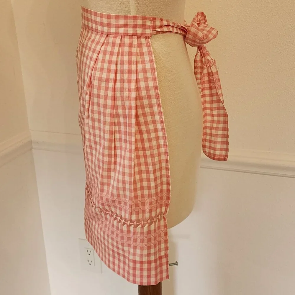 Vintage Handmade Pink & White Gingham Apron With Pocket & Bow Tie